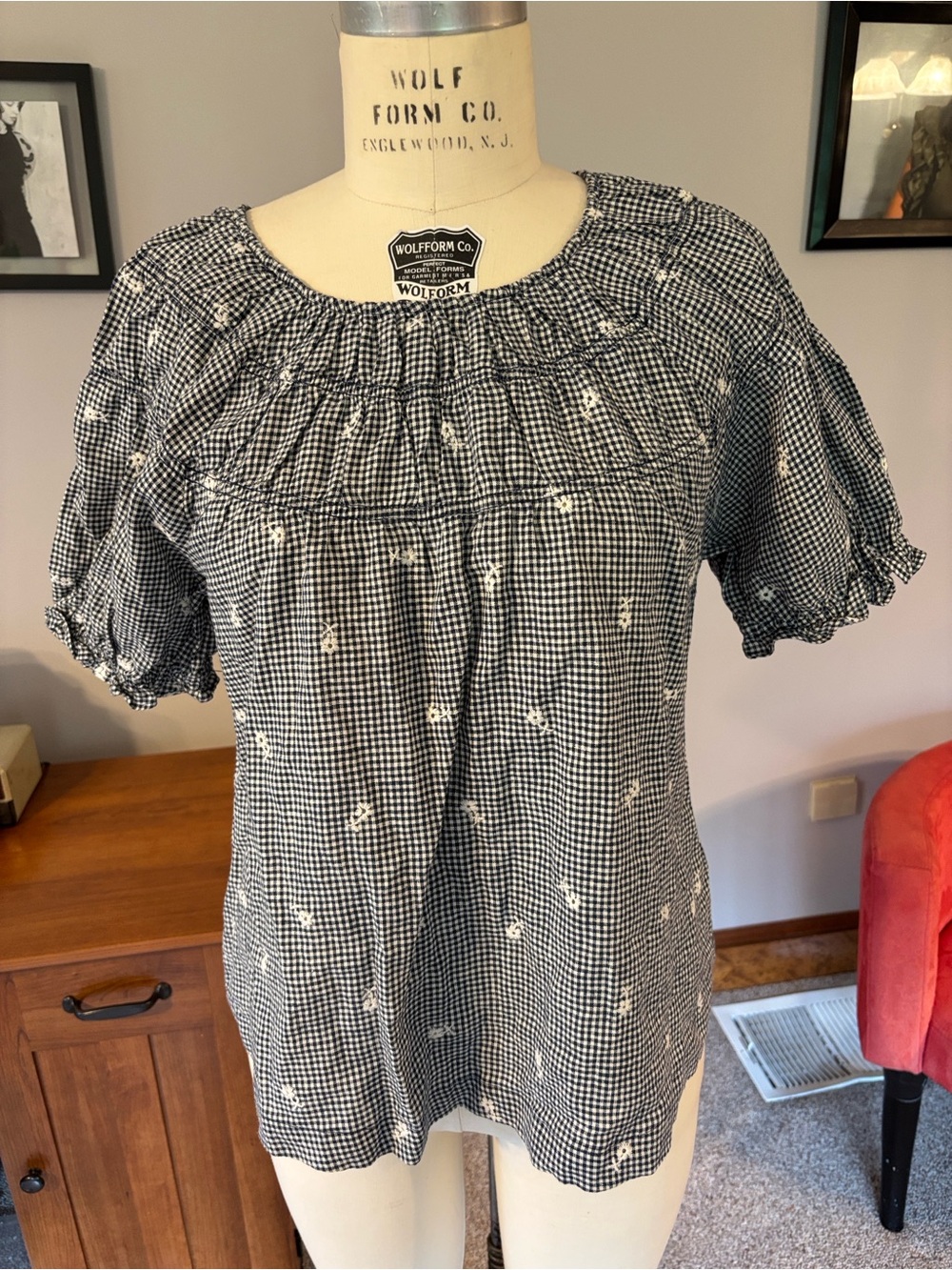 Madewell Black and White Gingham Smocked Puff-Sleeve Blouse